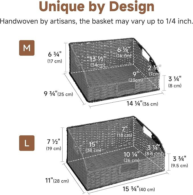 StorageWorks Pantry Baskets, Black Wicker Baskets with Handles, 2-Pack | Paper Rope Black Baskets for Organizing, Black Woven Baskets, Pantry Baskets for Shelves, Wicker Storage Baskets for Shelves