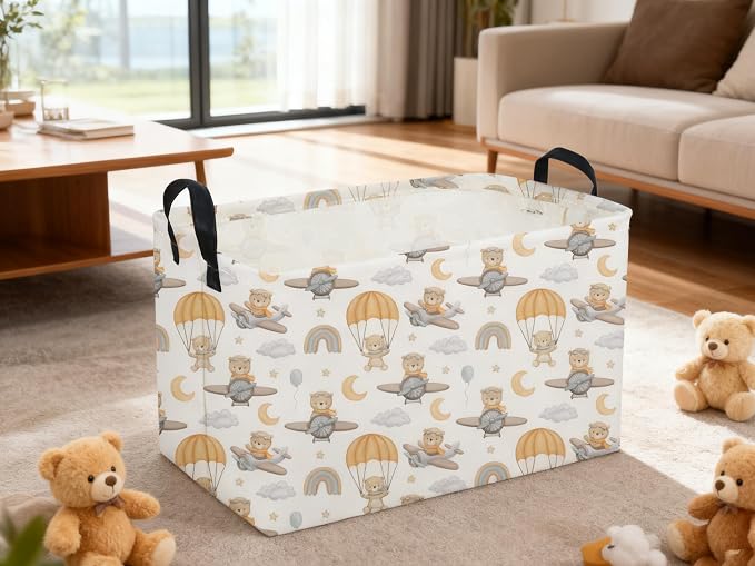 Sanjiaofeng Rectangular Kids Basket Bear Storage Bins,Cute Storage Basket with Handles.Clothers,Books,Kid's Gifts Bins. (Airplane Bear)