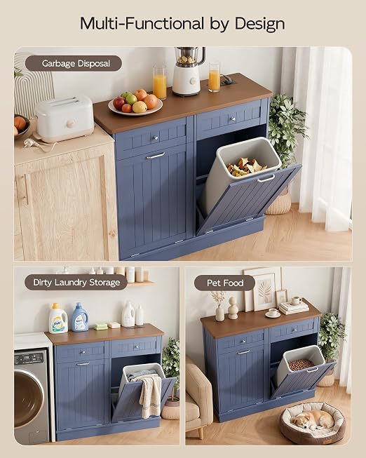 Betterhood Double Tilt Out Trash Cabinet with Power Outlet & USB, Hidden Garbage Can Holder with 2 Storage Drawers, Wooden Laundry Hamper for Kitchen, Bathroom, Living Room, Blue