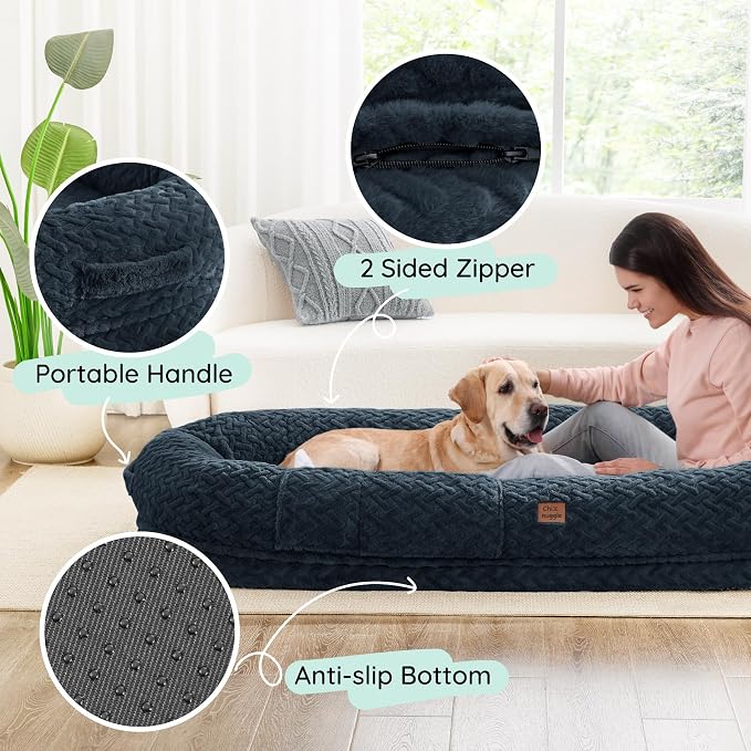 ChiXnuggle Orthopedic Human Dog Bed,with Faux Fur Washable Cover,Blanket | navy,72*40*10,giant dog bed for adult or extra large dogs,egg crate foam,non-slip bottom