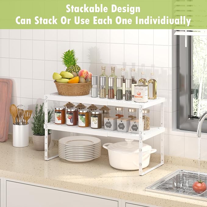 RUILALIFE Expandable Cabinet Organizer Shelf With Adjustable Height, Stackable Kitchen Countertop Organizer Rack, Adjustable Shelf Riser For Kitchen Counter, Pantry, Cupboard, Desk, Tabletop