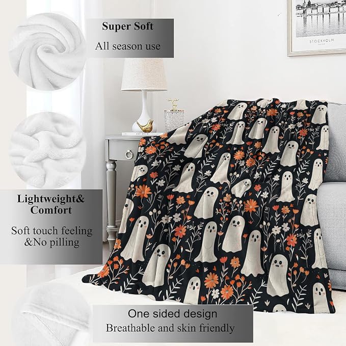 Spooky Ghost Blanket Cute Floral Autumn Flowers Throw Blankets Gifts for Kids Lightweight Soft Fleece Cozy for Sofa Couch Bed Room Travel Birthday Halloween Decor 60x80in