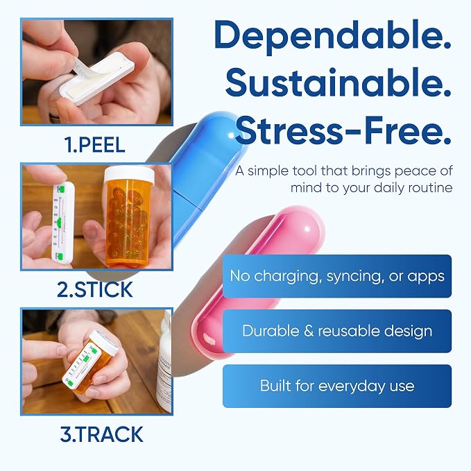 PillSavvy™ Daily Pill Tracker – Non-Digital, Reusable Medication Reminder for Bottles & Organizers – Easy to Use, Curved Back – Track Prescriptions, Vitamins, Supplements & Pet Meds (Pink, 5 Pack)