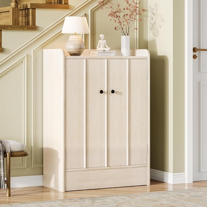 Jehiatek Light Oak Wood Shoe Cabinet with Adjustable Shelves & Large Bottom Drawer,Freestanding Closed Shoe Storage Organizer with Doors,Entryway Shoe Rack for Heels Boots Sneakers Hallway Living Room