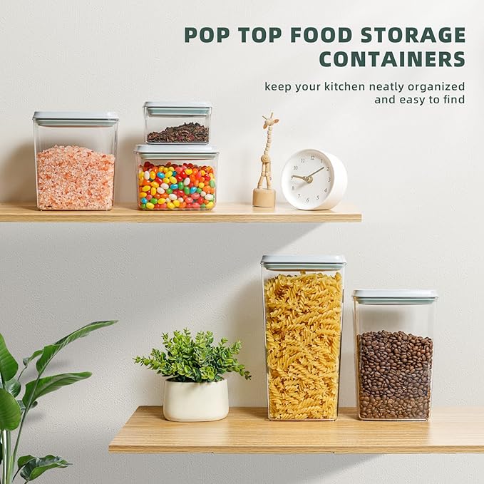 Airtight Pantry Storage Containers, 5 Pack, 0.6-3.5 Qt, Pop-Top | Clear Stackable Kitchen Canisters for Flour, Sugar, Cereal, Rice, Pasta, Coffee and Snacks with Visible Measurement Markings