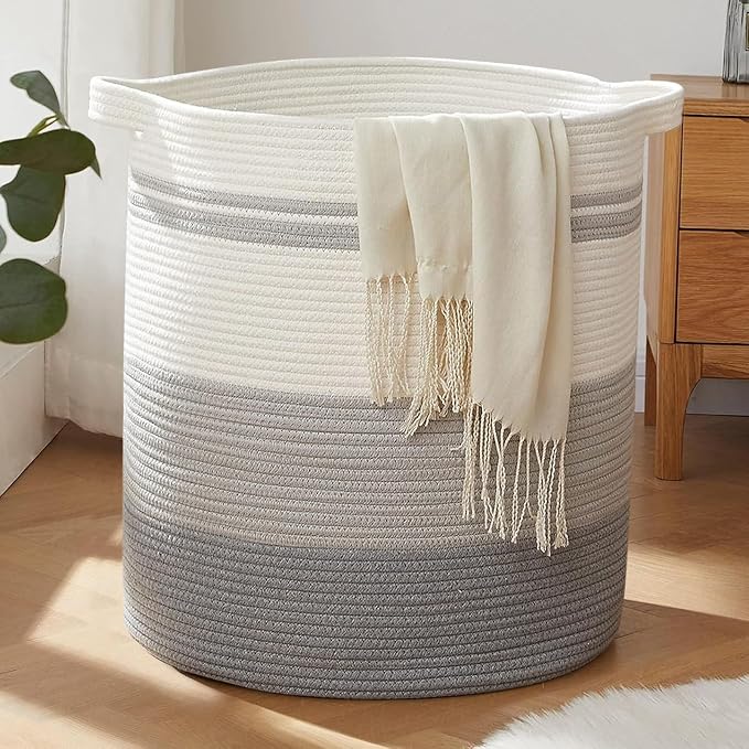 OIAHOMY 80L Laundry Basket Laundry Hamper Nursery Hamper White&Gray | Tall Dirty Clothes Hamper with Handle,Blanket Basket,Decorative Basket for Living Room,Storage Basket,Toy Storage