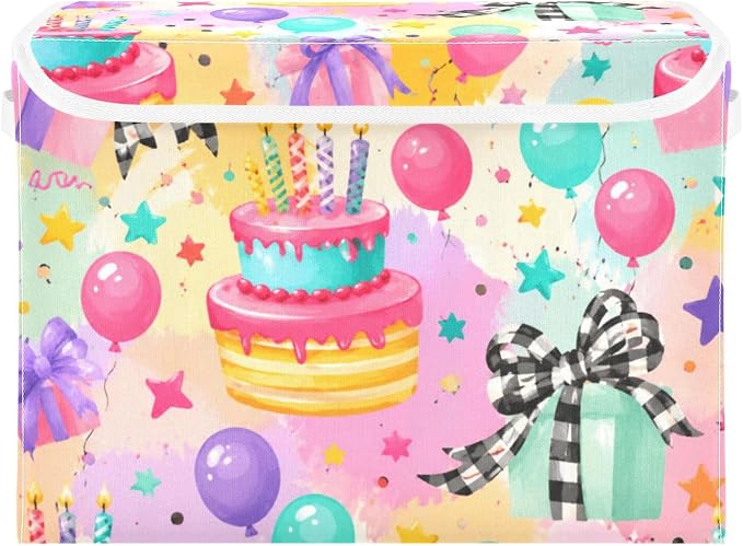 Birthday Cake Fabric Storage Bins with Lid Closet Storage Basket | Foldable & Stackable, Flip Top Dust Guard, Reinforced Handles, Home & Bedroom, Clothes & Toys, Oxford Print Basket