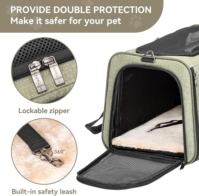 Petsfit Large Expandable Cat Carrier for Travel, Up to 18 lb | 19 x 12 x 12 in; roomy expandable space with a reinforced frame, locking zippers, interior safety tether and large pocket.