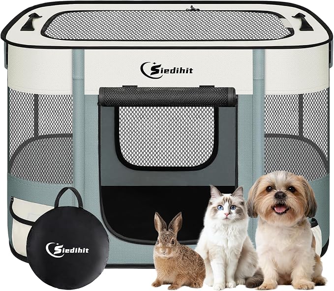 Siedihit 28" Dog Playpen,Cat Puppy Pen, Pet Portable Crate Indoor Outdoor | Durable Travel Camping Use,Foldable Dog Kennel Tent Cage for Rabbit Small Animals with Carrying Case(Grey, Small)