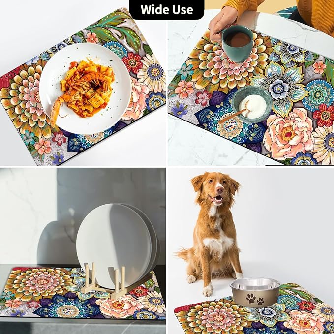 Dish Drying Mat For Kitchen Counter, 16"X24" Absorbent Coffee Bar Mat With Bohemian Abstract Colorful Flowers Dish Drainer Rack Mat For Kitchen Counter (boho, 16"X24")