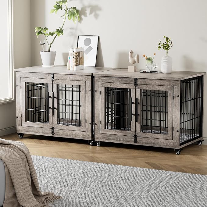 Medium Dog Crate Furniture, 32'' Heavy Duty Kennel w/Cushion & Wheels | Grey, Double Doors, Wooden Dog Cage, Chew-Resistant, End Table, Decorative, 27"/32"/38"/44" Options, Indoor