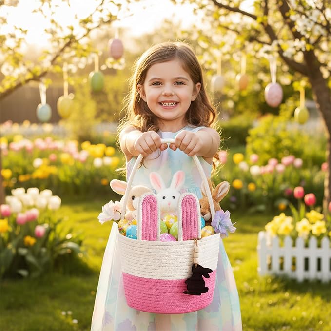 Pro Goleem Easter Basket for Kids, Adorable Woven Egg Hunt Bucket with Handle, Soft First Easter Gift Tote Bag, Nursery Toy Storage Bin with Tag(Pink)