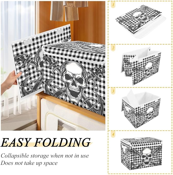 Fabric Storage Bins with Lid Gothic Skull Closet Bedroom 40L Fabric Bin | Decorative Storage Boxes, 300D Oxford Cloth, Hollow Board Frame, Flip Top Velcro Lid, 16.5x12.6x11.8 inch, Collapsible Design