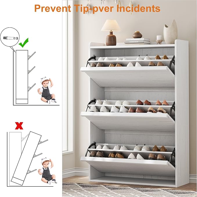 GarveeHome Shoe Cabinet with 3 Flip Drawers, Wooden Shoe Organizer with Adjustable Shelf, Shoe Storage for Entryway, Hidden Shoe Cabinet for Hallway, Living Room, White