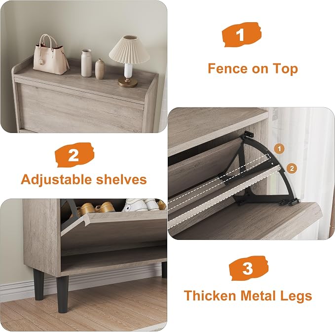 GarveeHome Shoe Cabinet with 2 Flip Drawers, Wooden Shoe Organizer Cabinet with Adjustable Shelf, Shoe Storage for Entryway, Hidden Shoe Cabinet for Hallway, Living Room, Grey