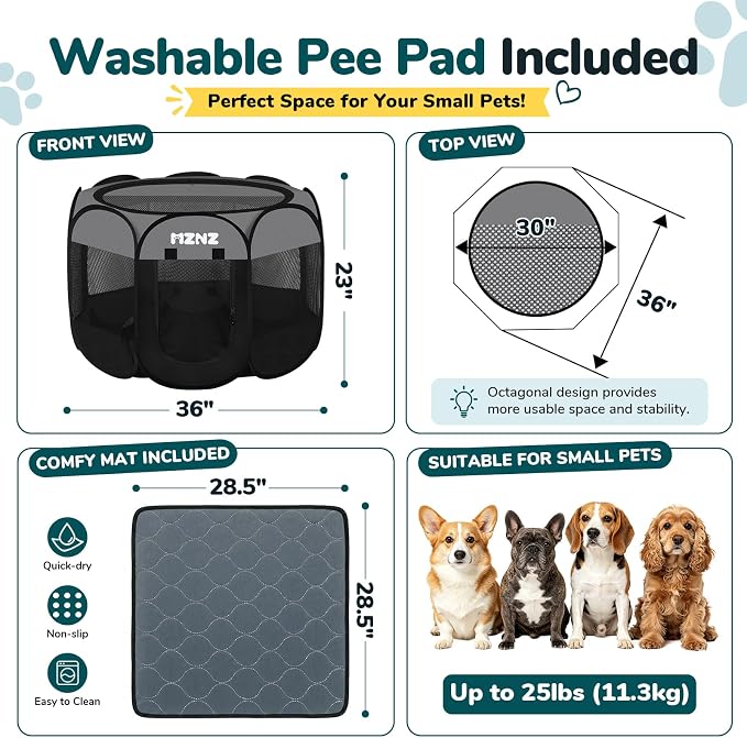 Dog Cat Small Animal Puppy Playpen with Pee Pad, Medium, Dark Grey | Portable Pop Up Pet Crate Cage Enclosure Tent Kennel Indoor Outdoor with Carrying Case, No Assembly, Camping Use