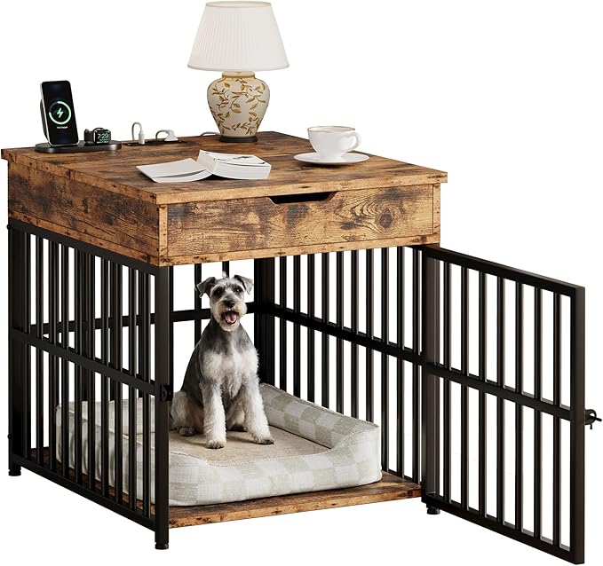 IRONCK Dog Crate Furniture for Small Dogs, Rustic Brown | Wooden Dog Kennel with Flip Top Drawer, Indoor Pet Crate End Table with Charging Station, Steel-Tube Dog Cage