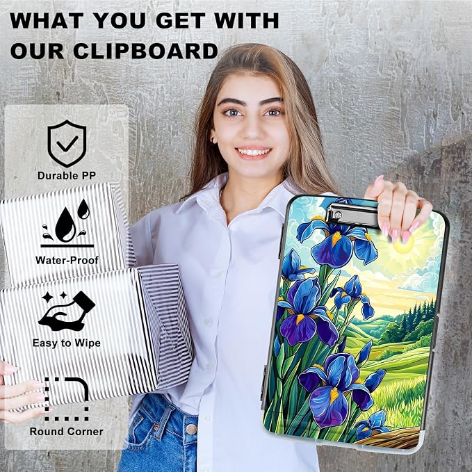 A4 Clipboard with Storage Pen Holder, Clipboards Organizer Nursing Clipboard Foldable File Folder Plastic Clipboard Folio Clip Board for Office Work Classroom Doctor, Blue Flower Lawn