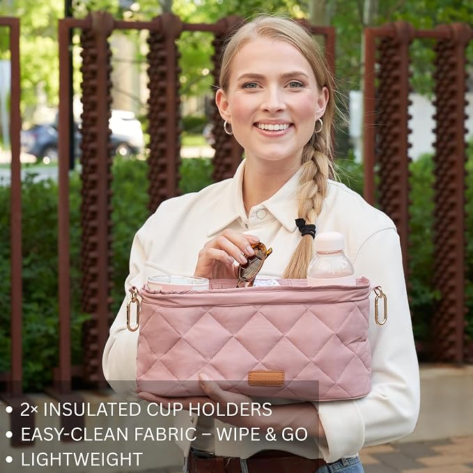Beautiful Stroller Caddy Organizer With 2 Cup Holders - Zipper Pocket Bag | Luxury Stroller Bag with Universal Fit and Leather Straps - Spacious Accessories Perfectly Fits Doona, Nuna and Uppababy