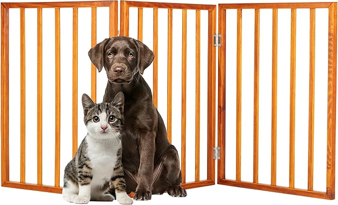 Pet Gate - 3-Panel Indoor Foldable Dog Fence for Stairs or Doorways - 54x24-Inch Retractable Wood Freestanding Dog Gates by PETMAKER (Mahogany) | Foldable Dog Fence with Accordion Design, Wooden Safety Pet Fence for Stairs, Hallways, Doorways, and Porch
