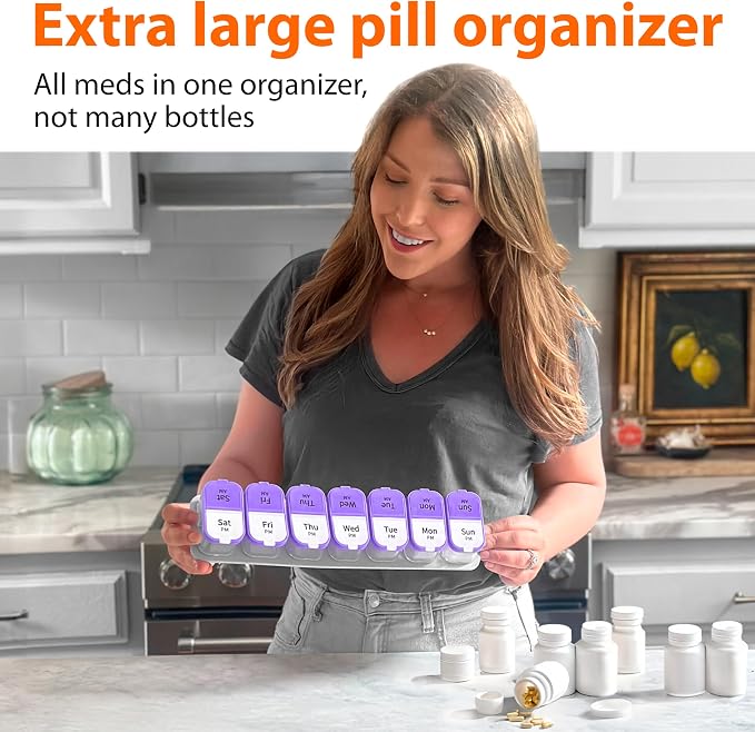 Extra Large Pill Organizer – Weekly Pill Box 7 Day AM PM for Big Vitamins & Supplements, Large Capacity Medication Dispenser with 7 Detachable Compartments, XL Pill Organizer 2 Times a Day