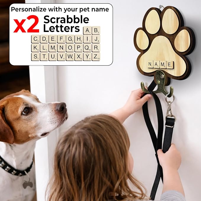 Dog Leash Holder for Wall Mount with Scrabble Letters, Wooden Paw Print Wall Hook, Pet Collar and Harness Organizer for Entryway, Key Hook for Pet Lovers & Dog Owners, Home Decor PF283