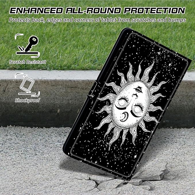 Universal Tablet Case for T-Mobile Revvl Tab 2 10.1" 2025/Revvl Tab 5G 10.36" 2023, 360 Degree Rotating Kickstand Protective Stand PU Leather Shell Cover for 9"-10.5", White Moon Sun