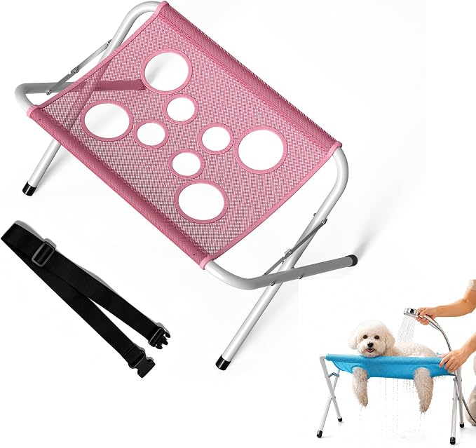 Pet Grooming Hammock for Dogs with Stand, Foldable Metal Frame and Breathable 8-Hole Mesh Restraint, Portable Bathing, Nail Trimming and Ear Cleaning Station for Small Dogs and Cats，Pink
