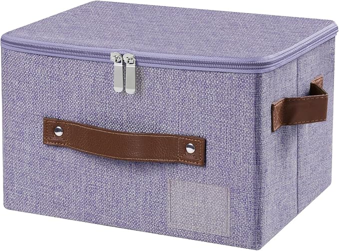 ANMINY Small Storage Box Fabric Bins with Zipper Lid, 10"x8"x7" Purple | Keepsake Box, Decorative, Cotton Linen, Reinforced PP Board Frame, Washable, Stackable & Foldable, Label Holder & PU Handles