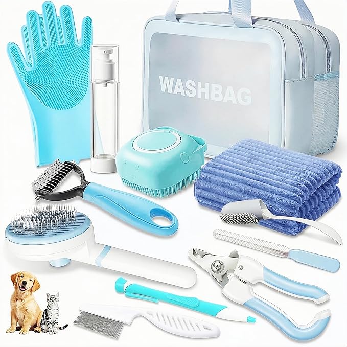 12PCS Dog Bath Kit & Dog Brush Kit - Professional Pet Grooming Tools Set for Dogs & Cats, Includes Shedding Brush, Bath Scrubber & Dematting Combs - Complete Dog Washing Essentials Blue