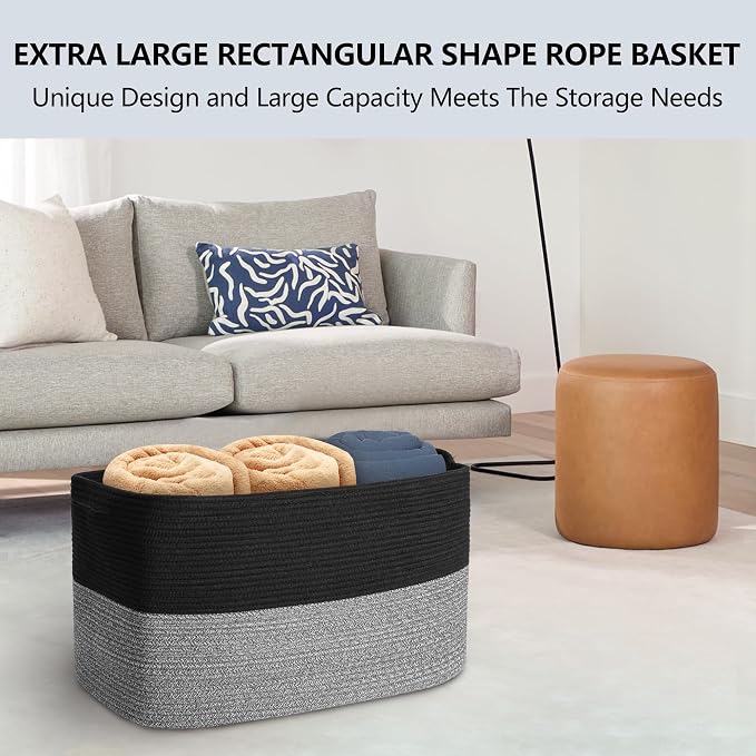 MEGASKET Extra Large Storage Baskets, 22" x 17" x 12" Black Baskets for Organizing, Rectangle Woven Basket for Blankets, Toys, Towels, Laundry, Decorative Wicker Storage Basket, Basket for Decor