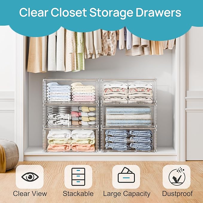 Vtopmart 2 Pack Large Clear Stackable Storage Drawers for Closet, 23QT | Easily Assemble Plastic Closet Storage Bins, Dust-Proof UnderBed Organizer for Clothing Underwear T-shirt Organization