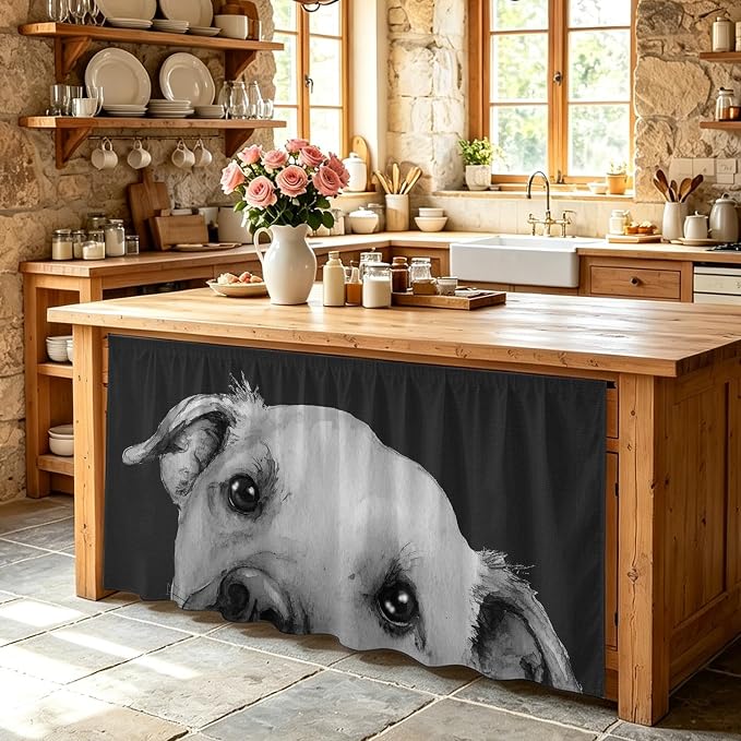 Black Dog Cabinet Curtain 32"Wx55"L,Dustproof Pantry Door Curtain with Self Adhesive Tape,Cute Pets Eyes Animals Fur Vintage Oil Painting Tall Storage Cover Privacy Drape for Bathroom Kitchen Laundry