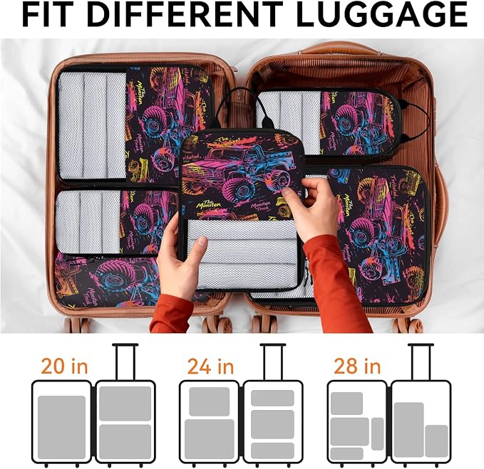 Monster Truck Compression Packing Cubes Cartoon Cars 6 Set Travel Packing Cubes for Suitcases Lightweight Expandable Organizers