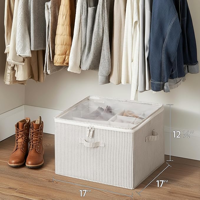 StorageWorks Shoe Organizer for Closet, Fits up to 16 Pairs, Shoe Cubby Storage Containers with Adjustable Dividers and Clear Cover, Khaki and Beige Stripes | Adjustable Dividers, Holds up to 16 Pairs, Foldable, Clear Lid, Soft Handles, Fits Sneakers, ...