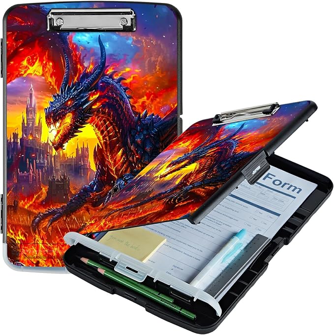 Castle Flaming Dragon A4 Clipboard with Storage Pen Holder, Clipboards Organizer Nursing Clipboard Foldable File Folder Plastic Clipboard Folio Clip Board for Office Students Classroom