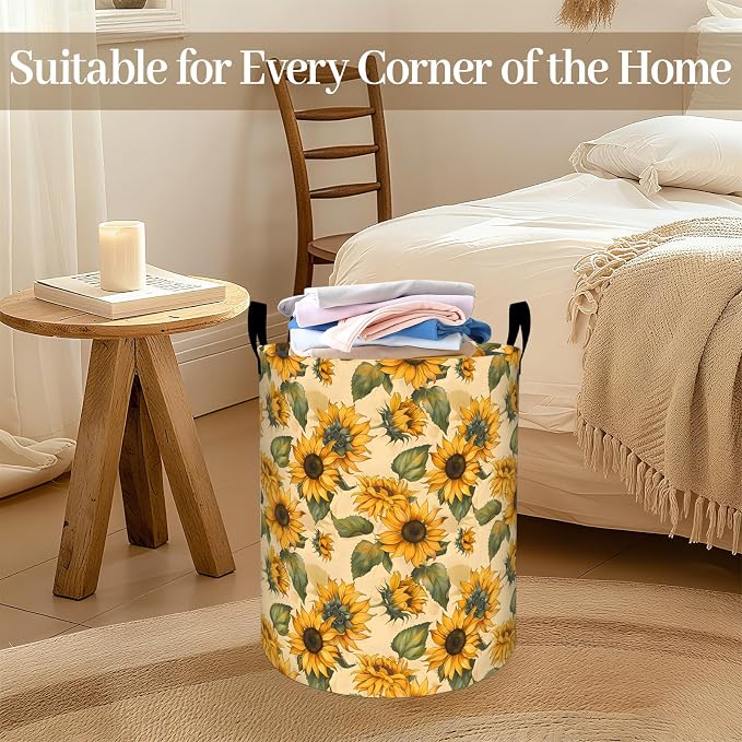 Vibrant Sunflower Laundry Basket, Yellow Floral Foldable Oxford Cloth, Waterproof Dirty Clothes Hamper with Handles, Clothing Storage Bin Toy Organizer for Bedroom Dorm Bathroom, 19.7"x15.7"
