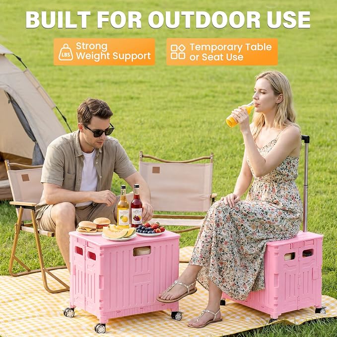 SUNALLY Folding Utility Cart Rolling Crate Handcart Shopping Trolley, Pink | Lockable Collapsible Tool Box with Lid, Rolling Crate With Wheels for Grocery, Travel, Garden, Shop, Office, Luggage, Teacher