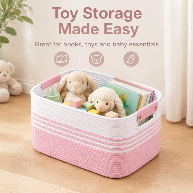 15.4GAL Rope Laundry Basket for Dorm, Cute Boho Square Woven Basket for Living Room Throws Pillow Blanket Storage, Short Dirty Clothes Hamper for Baby Girls Boys Toys Stuffed Animal Towel White Pink