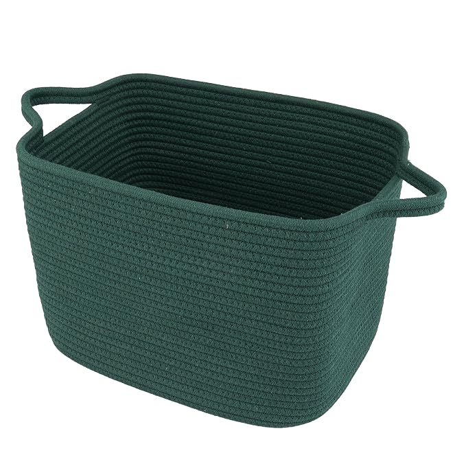 XUANGUO Woven Cotton Rope Storage Basket13x10x9 inch Forest Green | Woven cotton rope basket for shelves and closets. Perfect for toys, books, clothes, nursery storage and gift baskets.