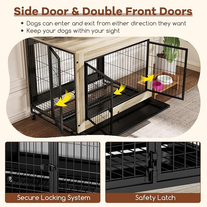 PETSITE Portable Dog Crate Furniture, 38 Inch Wooden Dog Kennel Side Table with Flip-up Top, 3 Lockable Doors and Removable Tray, Ideal for Small to Medium Dogs (Grey)