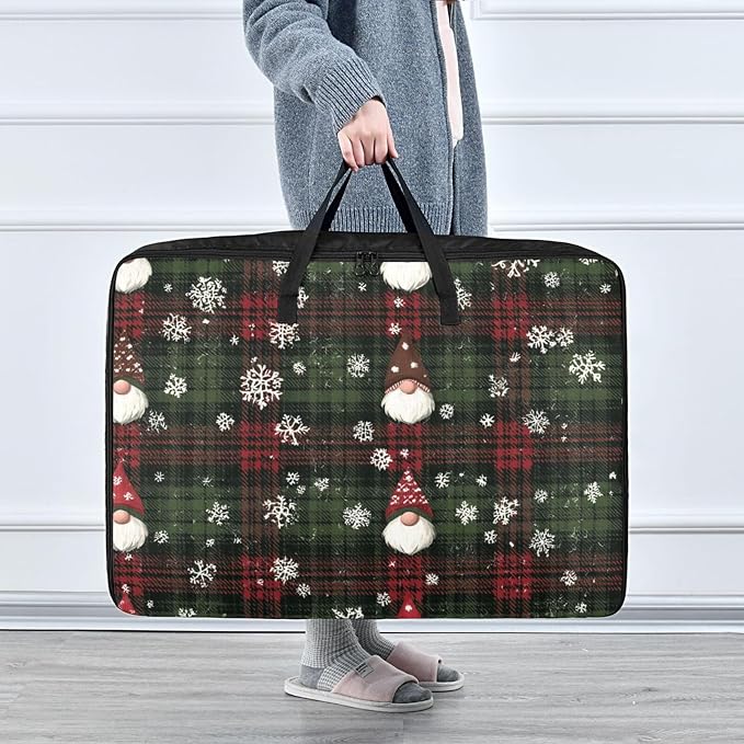 Comforter Storage Bags Large Folding Blanket Organizer Bag with Strong Handles Clear Window Closet Storage Containers for Clothes King Queen Pillows Bedding Quilt Duvet Christmas Gingham Gnome