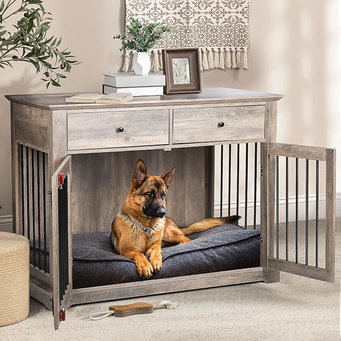 LEMBERI 44-inch Wooden Dog Crate with 2 Storage Drawers, End Table, Grey | Indoor wooden dog kennel with decorative finish. Also use as pet cage, dog house, or side table. Sturdy for large breeds