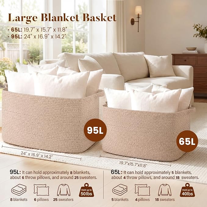 65L Large Woven Blanket Basket for Living Room, 19.7"x15.7"x11.8" | Nursery Laundry Hamper with Handle for Organizing Blankets, Pillows, Toy Storage With Handle, Large Baskets for Organizing
