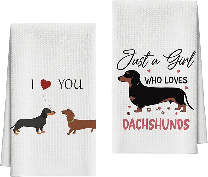Kitchen Towels Set of 2, Dachshund Dish Towel for Kitchen, Decorative Hand Towels for Bathroom, Fast Drying Tea Towel with Love Sayings, Housewarming Gifts for Wiener Dog Lover Women Mom -B01