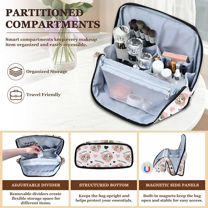 MCHIVER Pets Puppy Makeup Bag Travel Makeup Bag for Women | Stand-Up Large Makeup Bag Organizer with Handle and Divider for Travel Accessories, 10x4.1x9.6 In