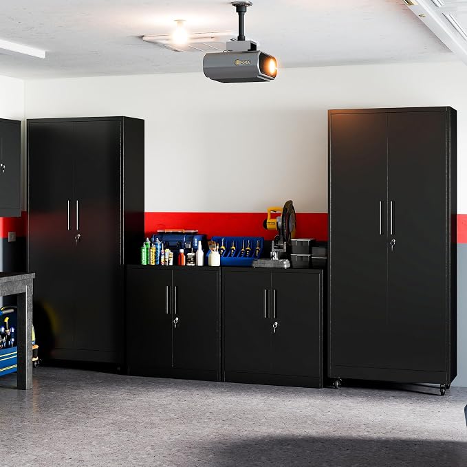 Metal Storage Cabinet for Garage, Tool Cabinet, Utility Cabinet | Medium Sized Tool Cabinet, Lockable, 2 Doors, 2 Adjustable Shelves, Assembly Required, Black