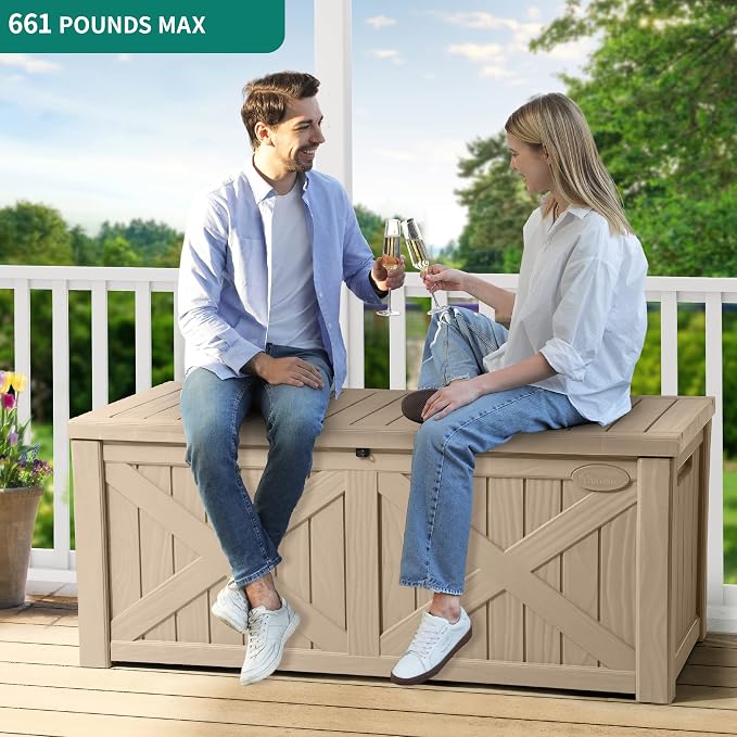 YITAHOME 150 Gallon Large Outdoor Storage Box with X-Shaped Front | Waterproof Resin Deck Box Cushion Storage Bench for Patio, Pool Supplies, Garden Tools- Lockable, Taupe