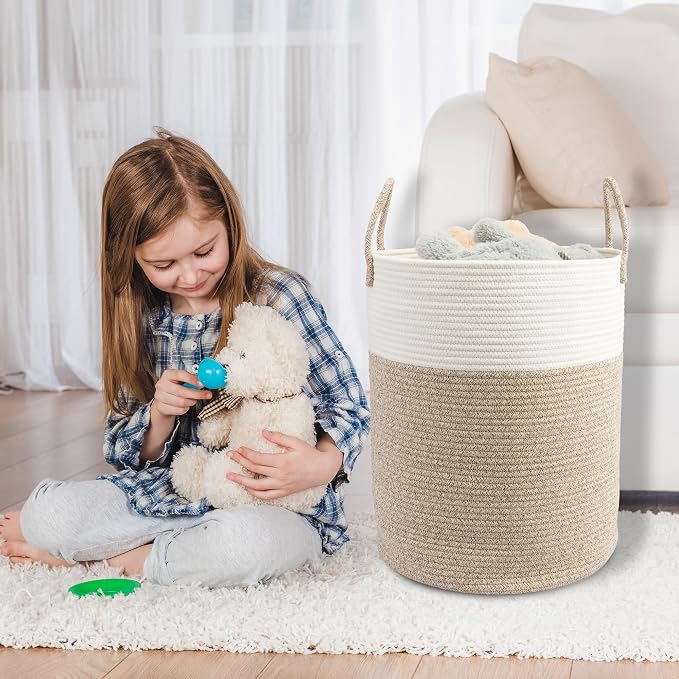 Woven Cotton Rope Laundry Basket, 15x20 Laundry Hamper, White/Brown | Rope storage basket for dirty clothes, toys and blankets. Perfect for bathroom, baby nursery and living room storage.
