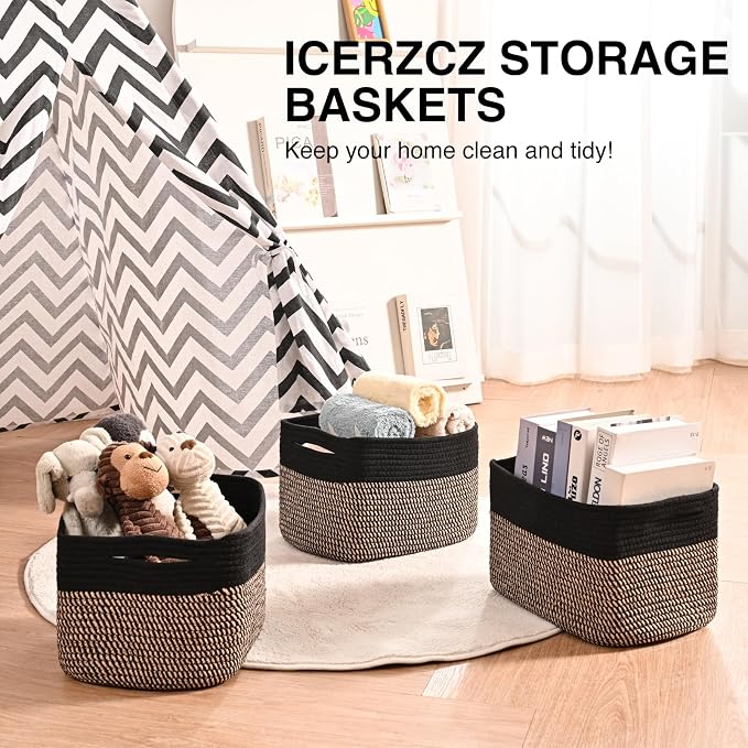 ICERZCZ Storage Baskets for Shelves Organizing, Woven Cotton Rope Baskets for Storage, Book Basket, Decorative Shelf Basket, 12.5"Lx9.1''Wx7.9''H (4 Packs) Black & Jute